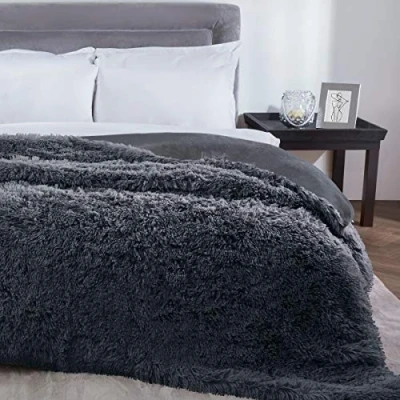 Image of Sleepdown Charcoal Luxury Long Pile Fleece Throw Over Sofa Super Soft Warm Cosy Bed Blanket Bedspread 150cm x 200cm, Faux Fur, 150 200cm