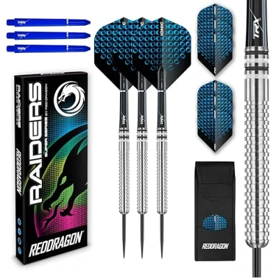 Image of RED DRAGON Raider 1: 23g Steel Tip Tungsten Darts Set Blue Style of Professional with Shafts (Stems) and Flights Choice Colour Available