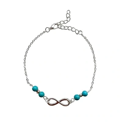 Image of Turquoise Feather Infinity Anklet Bracelet Boho Layered Leaf Lucky 8 Beads Summer Beach Foot Chain Jewelry for Women Girls (Silver A)