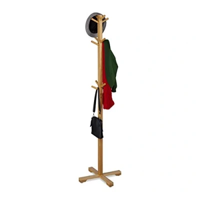 Image of Bamboo Coat Rack, Jacket Stand with 12 Hooks, 179.5 x 50 cm, Tree Shape Floor Standing Wardrobe, Natural Relaxdays