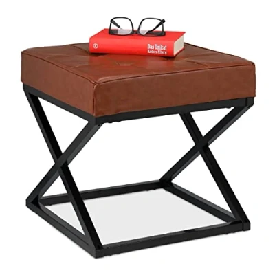 Image of Footstool, Upholstered, Faux Leather, Metal, Industrial Design, Footrest HxWxD: 41 x cm, Black/Brown Relaxdays