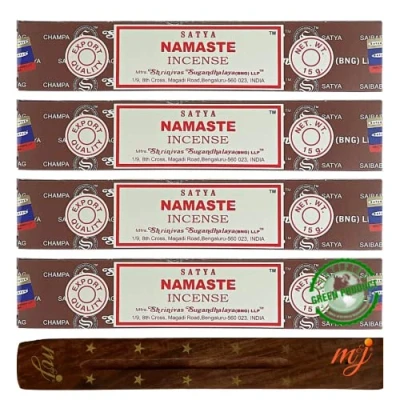 Image of Original Satya Nag Champa Namaste incense sticks with M&amp;J holder x4 pack for Aromatherapy, Spa, Yoga, Weddings, Meditation, Healing, Positivity and Relaxation