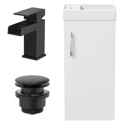 Image of AURORA® 400mm Bathroom Vanity Unit Ceramic Wash Sink Floorstanding Storage Cabinet Reversible Soft Close Cupboard &amp; Black Waterfall Basin Mixer Tap Waste Set, White Gloss