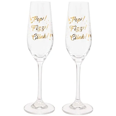 Image of Maturi Set of Two &#039;Pop, Fizz, Clink&#039; Champagne Flutes, 220ml, Gift Boxed