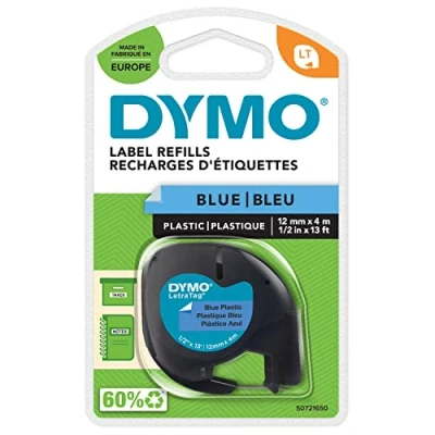 Image of DYMO LetraTag Plastic Labels Authentic 12 mm x 4 m Roll Black Print on Blue Self Adhesive Multipurpose for Label Makers