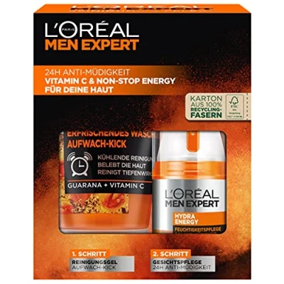 Image of L&#039;Oréal Men Expert Gift Set for with Wash Gel and 24 Hour Moisturiser Guarana Vitamin C, Hydra Energy Care Set, 1 x 150 ml