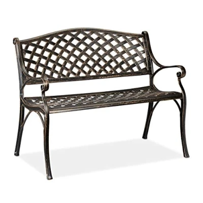Image of Relaxdays Garden Bench, 2 Seater, Terrace &amp; Patio, Antique Looking Design, Aluminium, Weatherproof, Black Bronze, 102 x 60 82 cm