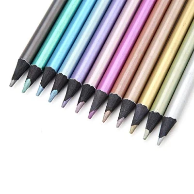 Image of 12pcs Metallic Colored Pencils Non Toxic Black Wood Set for Coloring Books in 12 Colors, Painting Tools