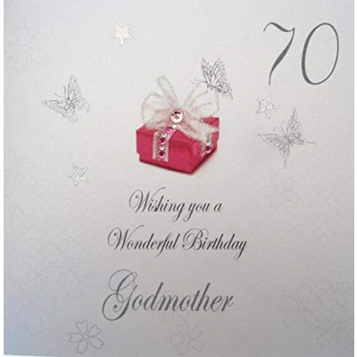 Image of white cotton cards 70 Wishing you a Wonderful Godmother Handmade 70th Birthday Card, White, bdp70 Godm