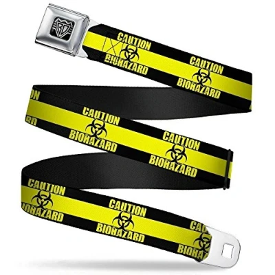 Image of Buckle Down Men&#039;s Seatbelt Belt Regular, Caution Biohazard Black/Yellow, 1.5&quot; Wide, 24/38&quot; Long