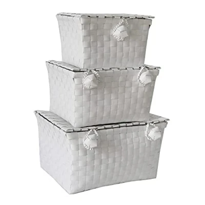 Image of JVL Set of 3 White Plastic Storage tapered hampers with lids