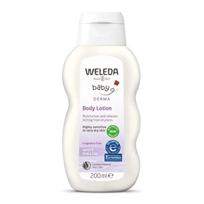 Image of Weleda Baby Derma Lotion, White Mallow Moisturising Cream, Dermatologically Tested for Hypersensitive, Very Dry and Atopic skin, Developed by Professionals, Fragrance Free, 200 ml