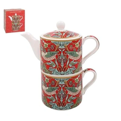 Image of The Leonardo Collection William Morris Strawberry Thief Tea for One Lovely Design Pot &amp; Cup Set Ceramic Gift Beautiful Printed Home Office