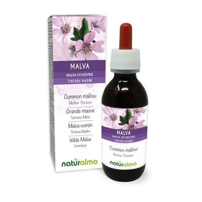 Image of Common Mallow (Malva sylvestris) Leaves and Flowers Alcohol Free Mother Tincture Naturalma Liquid Extract Drops 120 ml Food Supplement Vegan