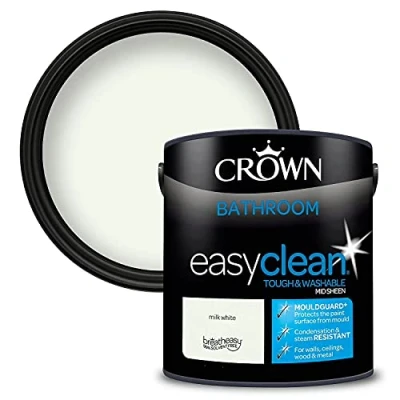 Image of 2.5L CROWN Easyclean Bathroom MID SHEEN Emulsion Multi Surface Paint With MOULDGUARD+ That can be Used on Walls, Ceilings, Wood and Metal. Stain &amp; Scrub Resistant Formula Milk White