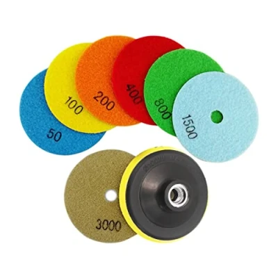 Image of SHDIATOOL Dry Diamond Polishing Pads 7PCS Set Mixed Grits and a M14 Plastic Pad Attachment for Granite Marble Stone Ceramic Dia 4 Inch 100mm