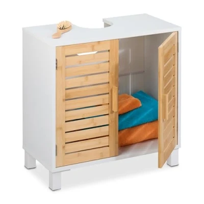 Image of Relaxdays Sink Cabinet, 2 Doors, 60x60x32 cm, Bamboo &amp; MDF, Bathroom Storage, Washbasin Cupboard, White/Natural, Fibreboard, Plastic