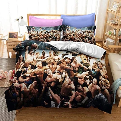 Image of NICHIYOBI World Wrestling Entertainment (WWE) Bed Linen Set with Duvet Cover and Pillowcase, Microfibre, 3D Digital Print, 3 Piece Bedding (4, Single, 135 x 200 cm)