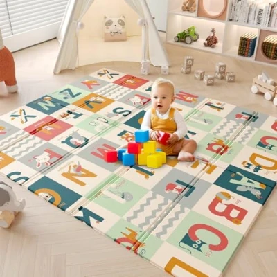 Image of Dripex Baby Play Mat, 177x148x1cm Large Foam Crawling Playmat, Foldable Reversible Waterproof Non Toxic Portable Floor Mat with Letters and Numbers for