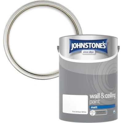 Image of Johnstone&#039;s Wall &amp; Ceiling Paint Pure Brilliant White Matt Finish Emulsion Fantastic Coverage Easy to Apply Dry in 1 2 Hours 12m2 per Litre 5L