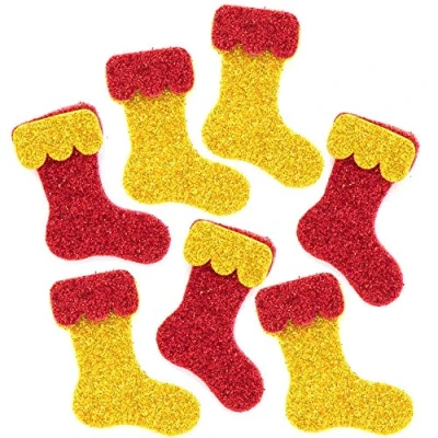 Image of Baker Ross AX311 Christmas Stocking Glitter Foam Stickers Pack of 100, Kids Stickers, Ideal for Arts and Crafts Projects, Great Card Making Scrapbooking