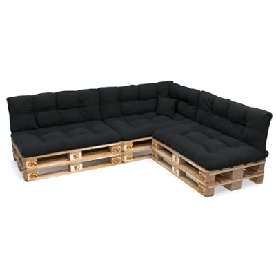 Image of POKAR Euro Pallet Quilted Pillow Set of 8: Seat Cushion 120 x 80cm + Back 40cm, Garden Pillows Sofa, Patio, Without Pallets, Black