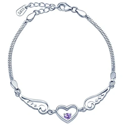 Image of Infinite U Angel Wings Heart Womens Link Charm Bracelet 925 Sterling Silver Purple Cubic Zirconia Double Strands Chains with Extension,