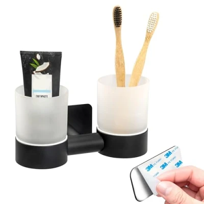 Image of bremermann Piazza Black Tape Bathroom Series Double Glass Cup Holder Self Adhesive &amp; Stainless Steel Matt No Drilling 3M Attachment Toothbrush