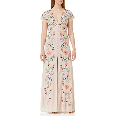 Image of Womens Maxi Dress Ladies Embroidered Button Front Split Tea Dess for Wedding Guest Bridesmaid Evening Prom Occasion Multi Size 20 UK