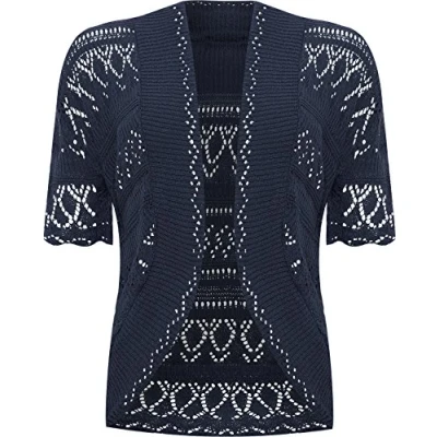 Image of WearAll Womens Plus Size Crochet Knitted Short Sleeve Ladies Open Cardigan Top Navy Blue 18 20