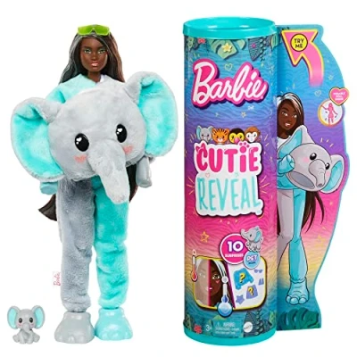 Image of ​Barbie Dolls and Accessories, Cutie Reveal Doll with Elephant Plush Costume &amp; 10 Surprises Including Color Change, Jungle Series