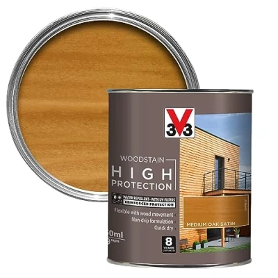 Image of V33 High Protection Woodstain Medium Oak 750ml 8 Years Guarantee with UV Filters Water Repellent Non drip Formulation Felxible Quick Dry Only 2 Coats Needed