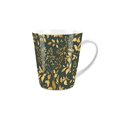 Image of Purely Home Gold &amp; Green Foliage Small Latte Mug Ceramic White Tea/Coffee Present Gift