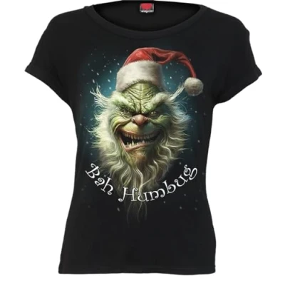 Image of Spiral Bah Humbug Boatneck Cap Sleeve Top Black L