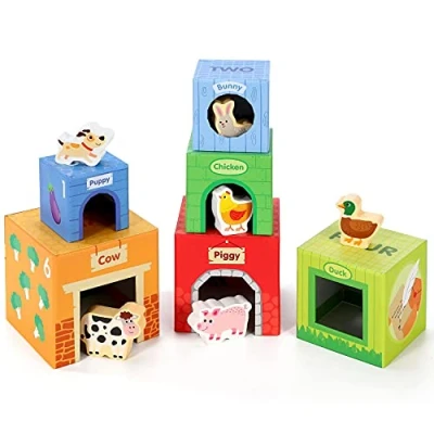 Image of SOKA 12pcs Farm Animals Stacking Cubes Learning Blocks Balancing Building Animal Boxes Educational Developmental Montessori Toy Set Gift for Toddlers Children Boy Girl Ages 12 month old +