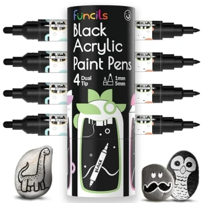 Image of Funcils 4 Dual Tip Acrylic Paint Pens Black Fine &amp; Medium Marker for Rock Painting, Canvas, Wood, Ceramic, Glass, Fabric, Tire and Shoes Kids Adults