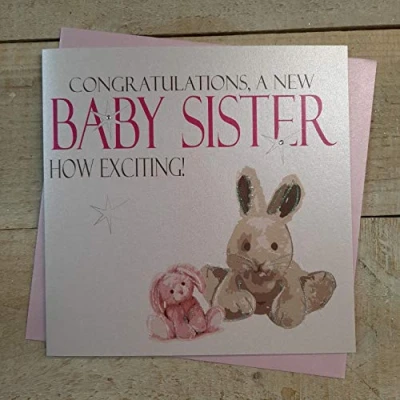 Image of white cotton cards Congratulations, Baby Exciting Handmade New Sister Card (Pink Bunny, Code N219)