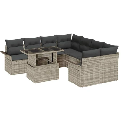 Image of vidaXL 9 Piece Garden Sofa Set with Cushions Light Grey Poly Rattan
