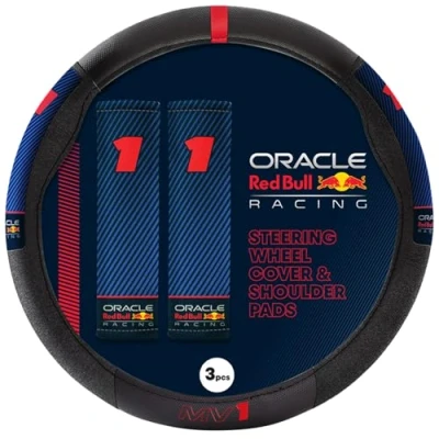 Image of Red Bull Racing Steering Wheel Cover Universal Fit, Perforated Leather with Cloth Grips, Sporty Design, Protects &amp; Enhances Your Vehicle’s Style (RBSWCK002MVBR)