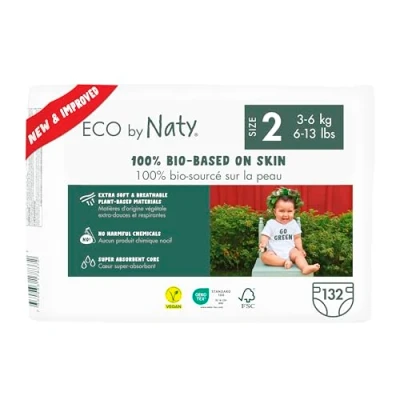 Image of Eco by Naty Friendly Baby Nappies Newborn 100% Plant Based Materials on Skin, Extra Soft, for Sensitive Skin &amp; Super Absorbent (Size 2, 132 Count)