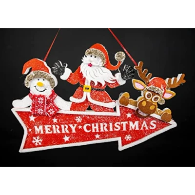 Image of SHATCHI Pre Lit Plaque Arrow Merry Christmas Santa Clause Snowman Reindeer Holding This Way Sign Door Hanging Decoration 70x42Cm, Foam, Red, 70x42cm