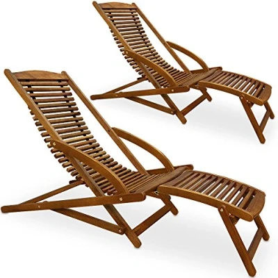 Image of CASARIA® 2x Wooden Sun Lounger Foldable Weatherproof Removable Footrest 160kg Load Capacity Headrest Garden Balcony Patio Furniture Rocking 160 x 70 cm Acacia Wood