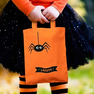 Image of Personalised spider trick or treat bag (Orange bag) Halloween bags options