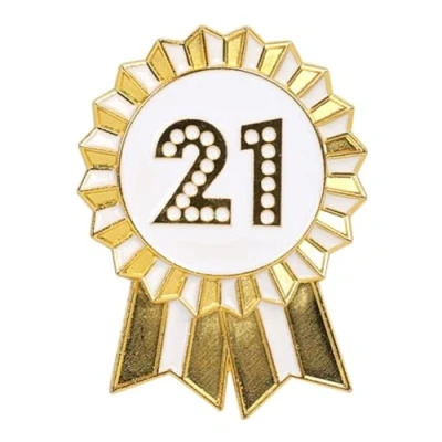 Image of Talking Tables 21st Happy Birthday Badge, Gold and White Enamel Metal Rosette, Reusable, Accessories for Girls, Adults, Children, Party Supplies, Milestone, Anniversary, 4.5 cm Diameter