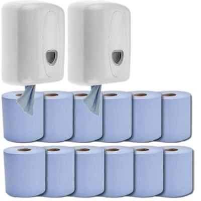 Image of 2 Blue Centerfeed Dispensers with 12 Rolls of Center Feed