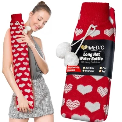 Image of iMedic 2L Extra Long Hot Water Bottle Covered with Luxury Cover Made from Super Soft Fleece or Comfy Knit UK Large Knitted Hearts Red