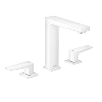 Image of hansgrohe 32515700 Metropol 160 with Lever Handles and Push Open Drain Fitting Matt White 3 Hole Washbasin Tap
