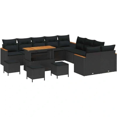 Image of vidaXL 14 Piece Garden Sofa Set with Cushions Black Poly Rattan Acacia