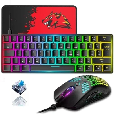 Image of ZIYOU LANG T60 60% Percent Mechanical Gaming Keyboard Mouse [UK Layout] RGB Light up Type C Ergonomic Mini 12000 DPI USB Honeycomb Black + Blue Switch