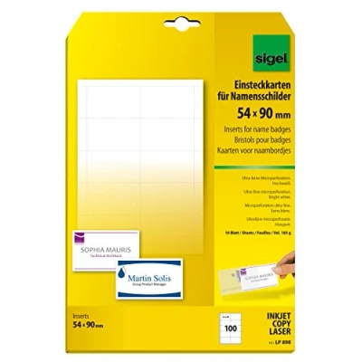 Image of SIGEL LP898 Inserts for Name Badges, 5.4 x 9 cm, White, 100 Pieces equal to 10 sheets